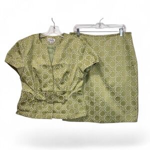 Isabella Skirt Suit Women 12 Green Geometric Belted Puff Sleeve 2 Pc Office